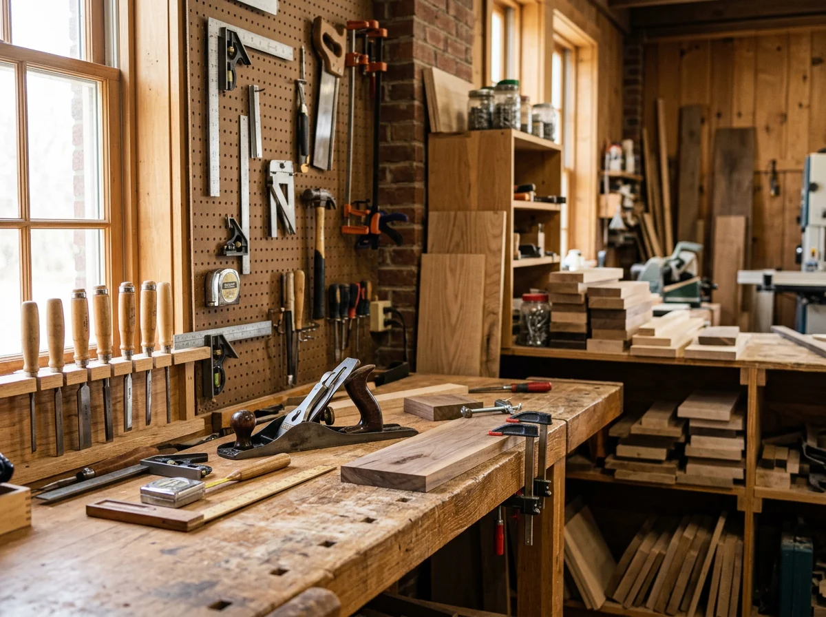 Carpentry workshop with hand tools, measuring instruments, and wood materials organized on work surfaces.