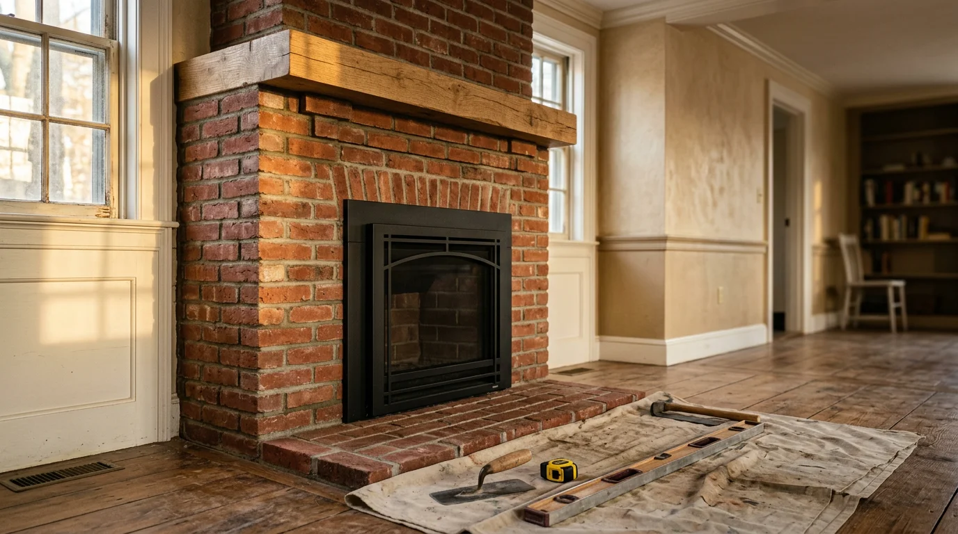 Custom fireplace installation with stone surround