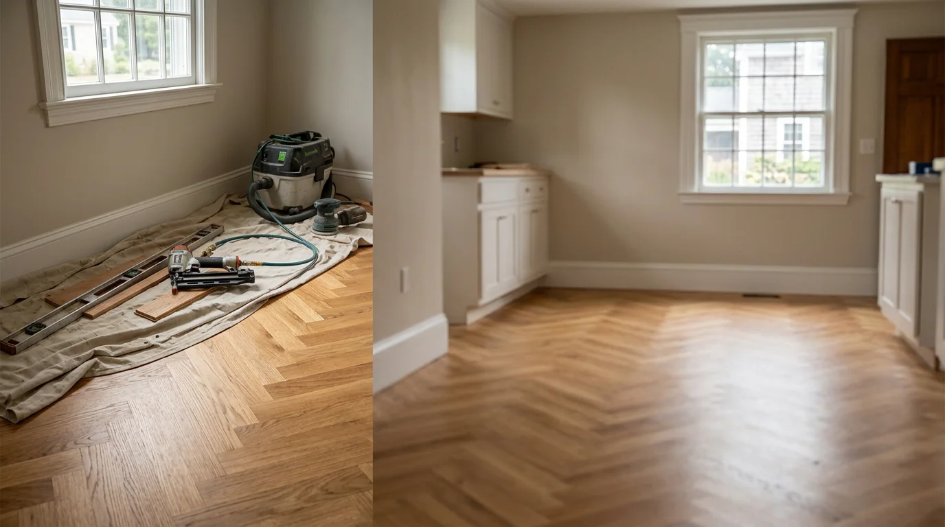 Hardwood flooring installation in a residential kitchen