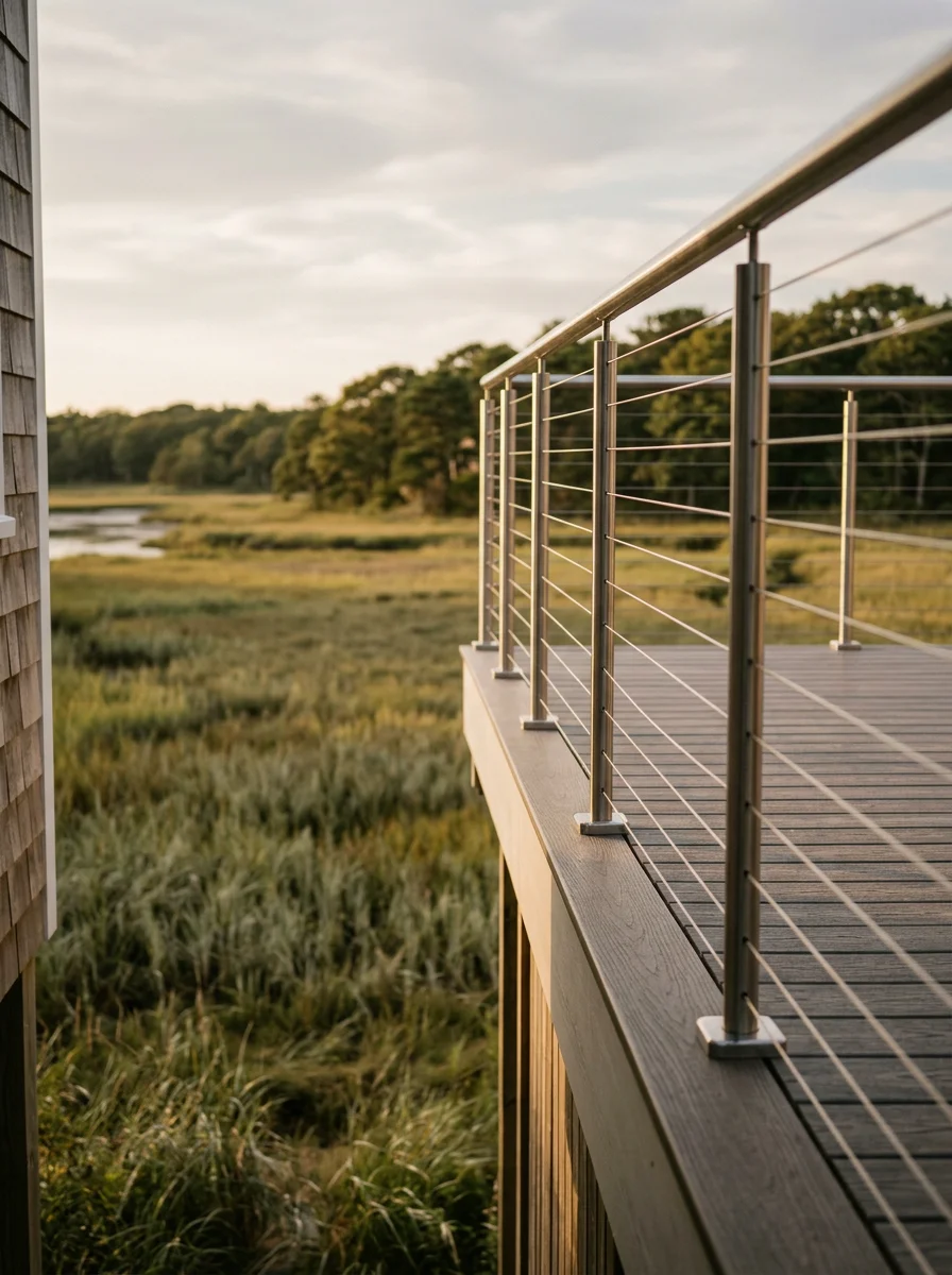 A newly built coastal deck on a Cape Cod cottage in Yarmouth, MA, with composite decking boards and cable railings overlooking a salt marsh.