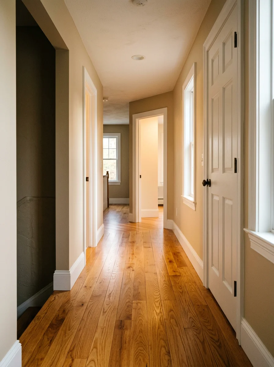 Refinished hardwood floors in a 1980s colonial home in Carver, MA, with new interior door trim and updated baseboards installed along the hallway.