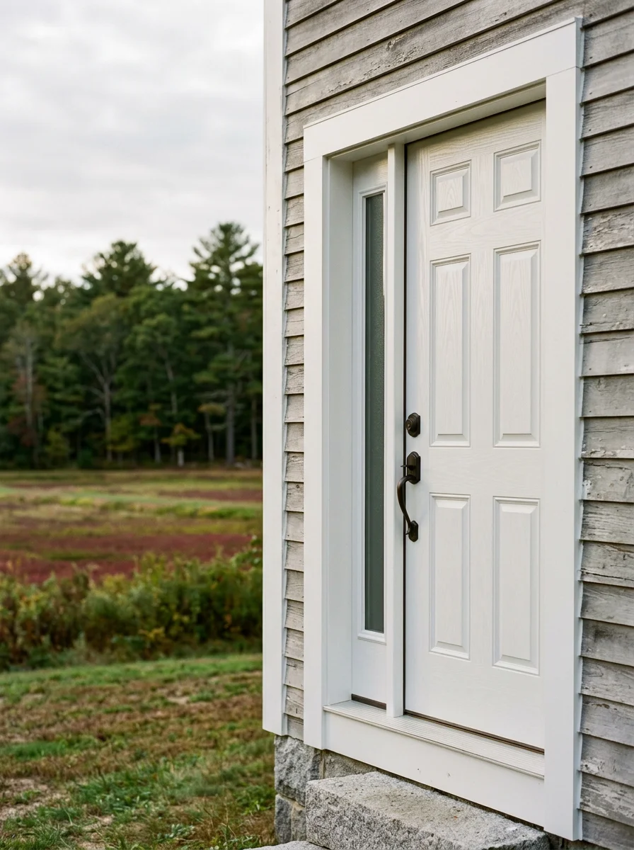 New exterior door installation on a rural farmhouse in Lakeville, MA, with cranberry bog fields and wooded conservation land visible beyond the property.