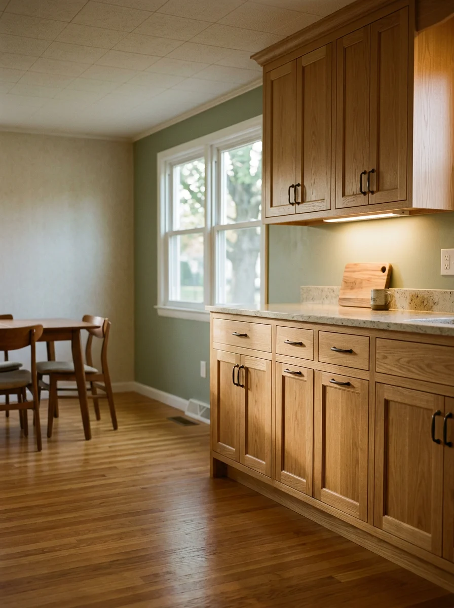 New kitchen cabinets being installed in a 1960s ranch home in Middleboro, MA, with original hardwood floors visible in the adjacent dining area.