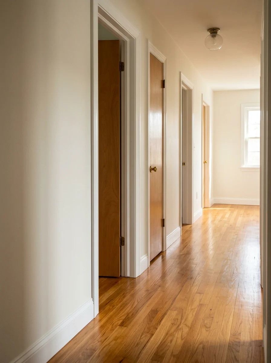 Freshly refinished hardwood floors in a 1960s ranch home in Norfolk County, MA, with new interior door trim installed along the hallway.