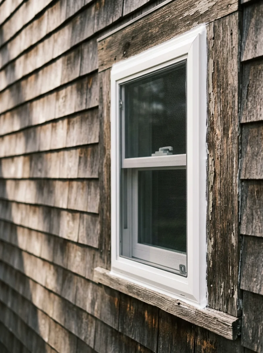 Close-up of a carpenter installing a replacement window on a 1960s ranch home in Plymouth County, MA, with weathered wood trim visible around the opening.