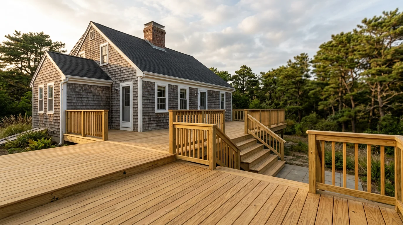 A newly built wood deck attached to a colonial-style home in Plymouth County, Massachusetts, with coastal pine trees visible in the background.