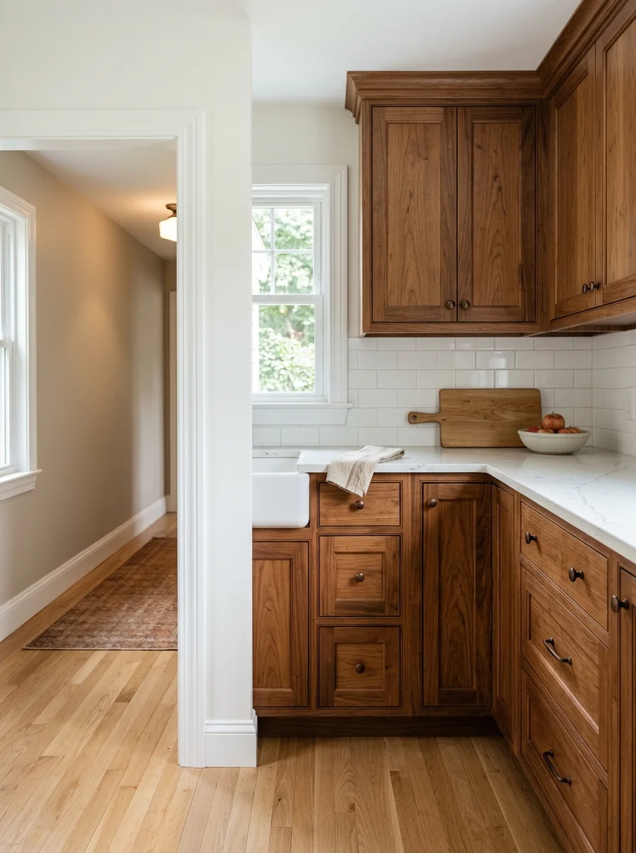 A carpenter installing new kitchen cabinets in a 1970s ranch home in Raynham, MA, with updated flooring and fresh interior trim visible in the space.