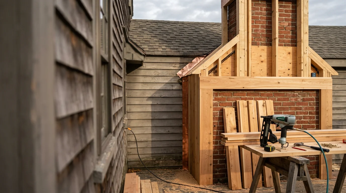 Exterior chimney surround carpentry work on a residential home in Plymouth County, Massachusetts, showing clean trim framing where the chimney meets the home's siding. Finished surround fitted flush against the exterior wall with no visible gaps at the transition point.