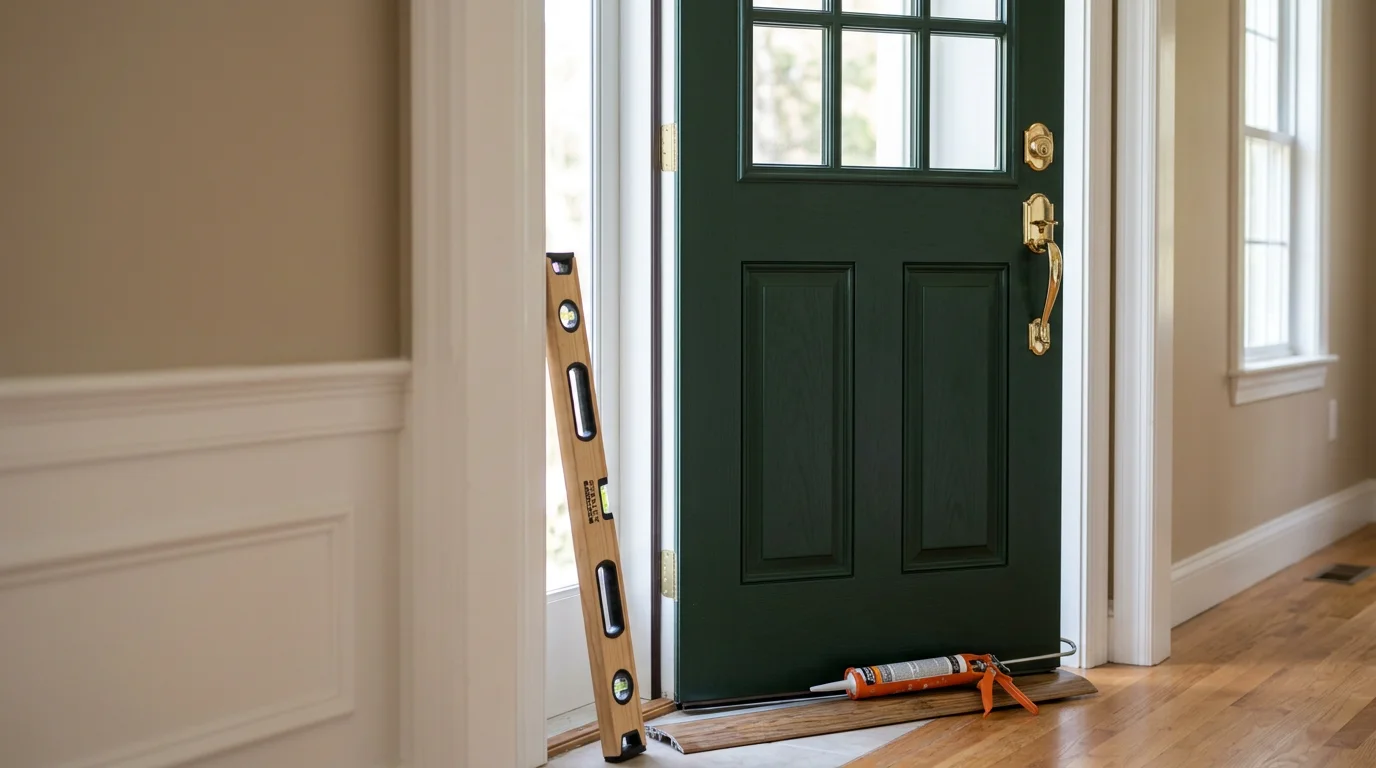 A newly installed exterior entry door on a residential home in Plymouth County, Massachusetts, with a clean frame, tight weathersealing, and a smooth finish. A JD's Carpentry carpenter checks door alignment at the threshold after installation.