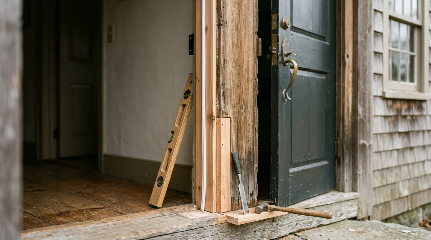 A carpenter adjusting and repairing a misaligned exterior door frame on a residential home in Plymouth County, Massachusetts. The repaired door sits flush in the frame with new hardware and weatherstripping installed.