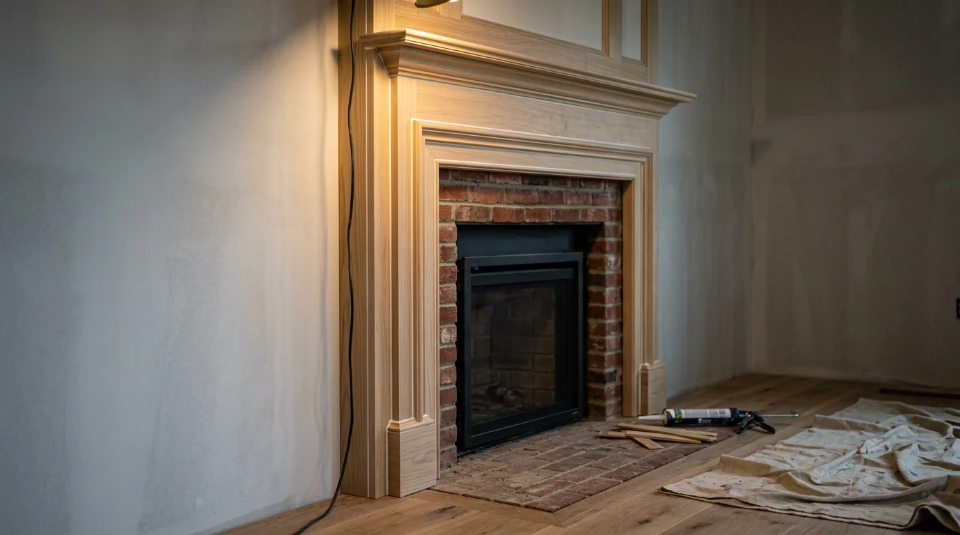 Finished fireplace face in a Plymouth County home showing tight trim moldings, clean caulked joints, and a polished wood surround edge completed by JD's Carpentry.