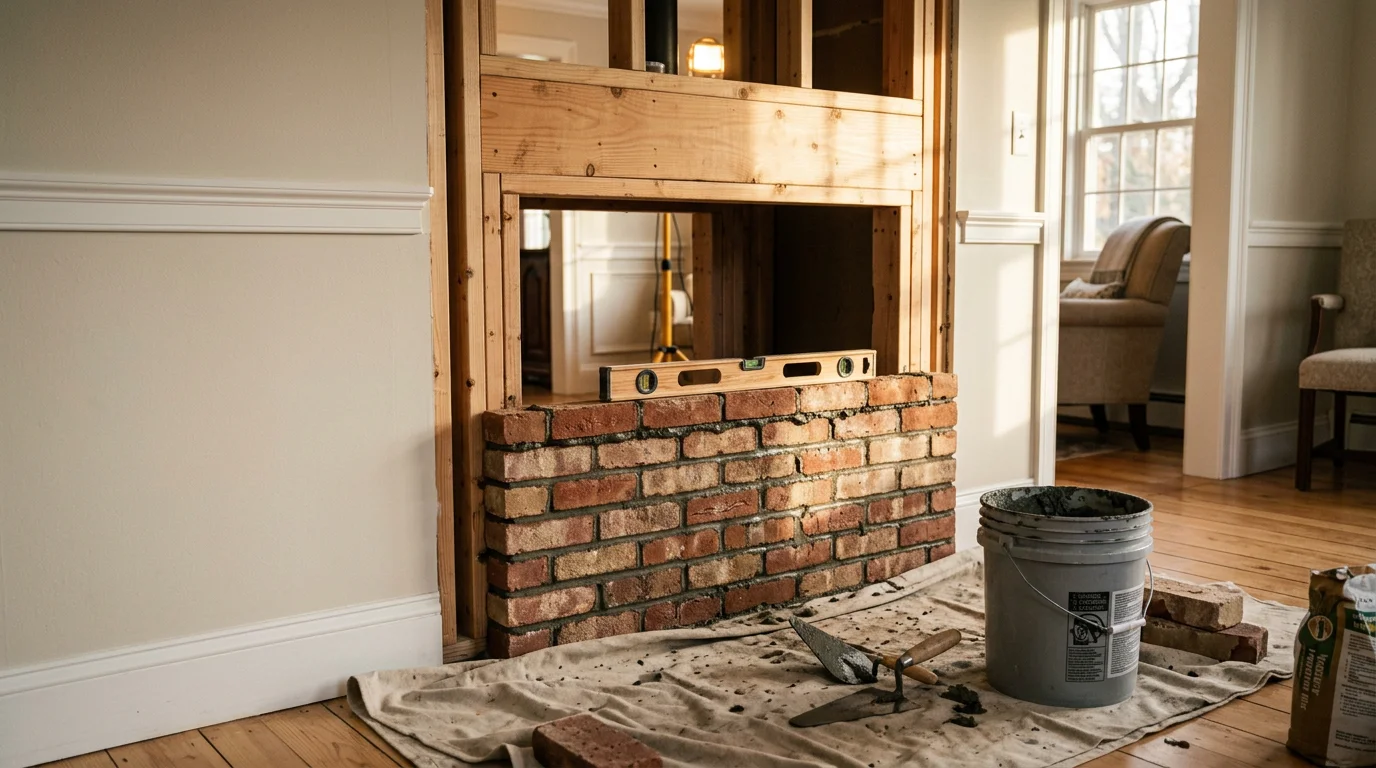 A newly installed fireplace set into the wall of a Plymouth County home, showing clean framing and a finished firebox ready for use. The surrounding room reflects a typical New England residential interior.