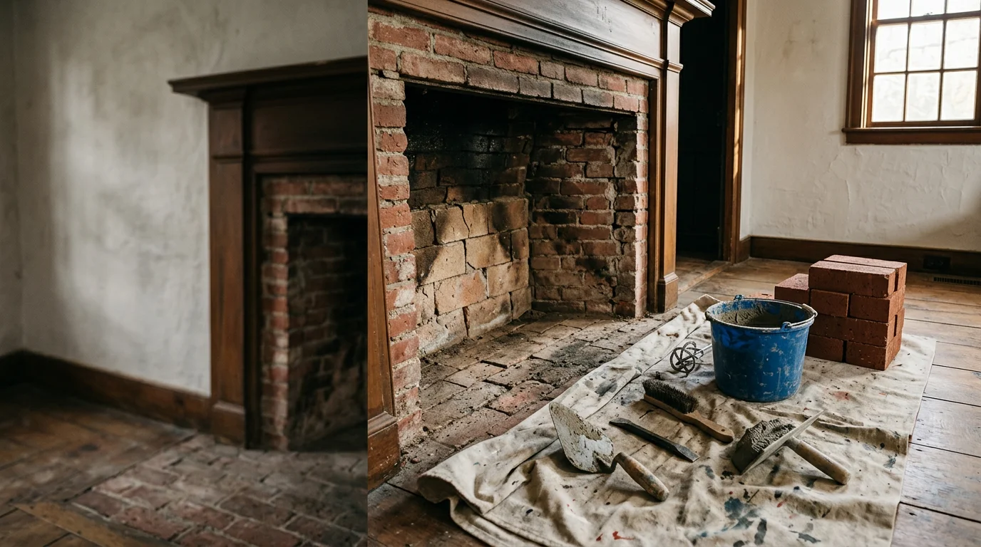 A repaired fireplace firebox in a Plymouth County home showing clean mortar joints and intact firebricks. The damper and firebox interior are in working condition after professional fireplace repair service.