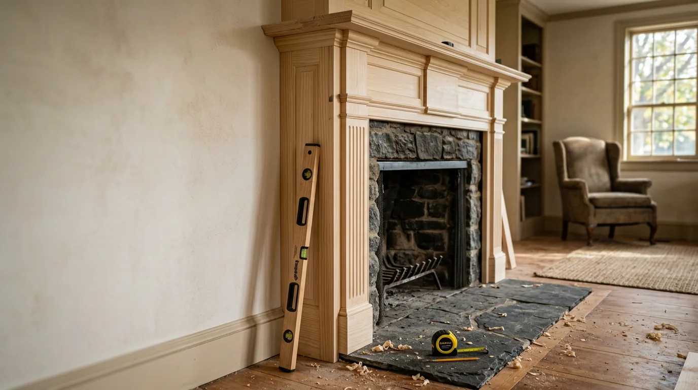 A finished wood fireplace surround installed in a Plymouth County living room, with clean trim lines and a fitted mantel shelf against a painted interior wall. The carpentry joinery is tight and the surround proportions match the room's existing molding and wall height.