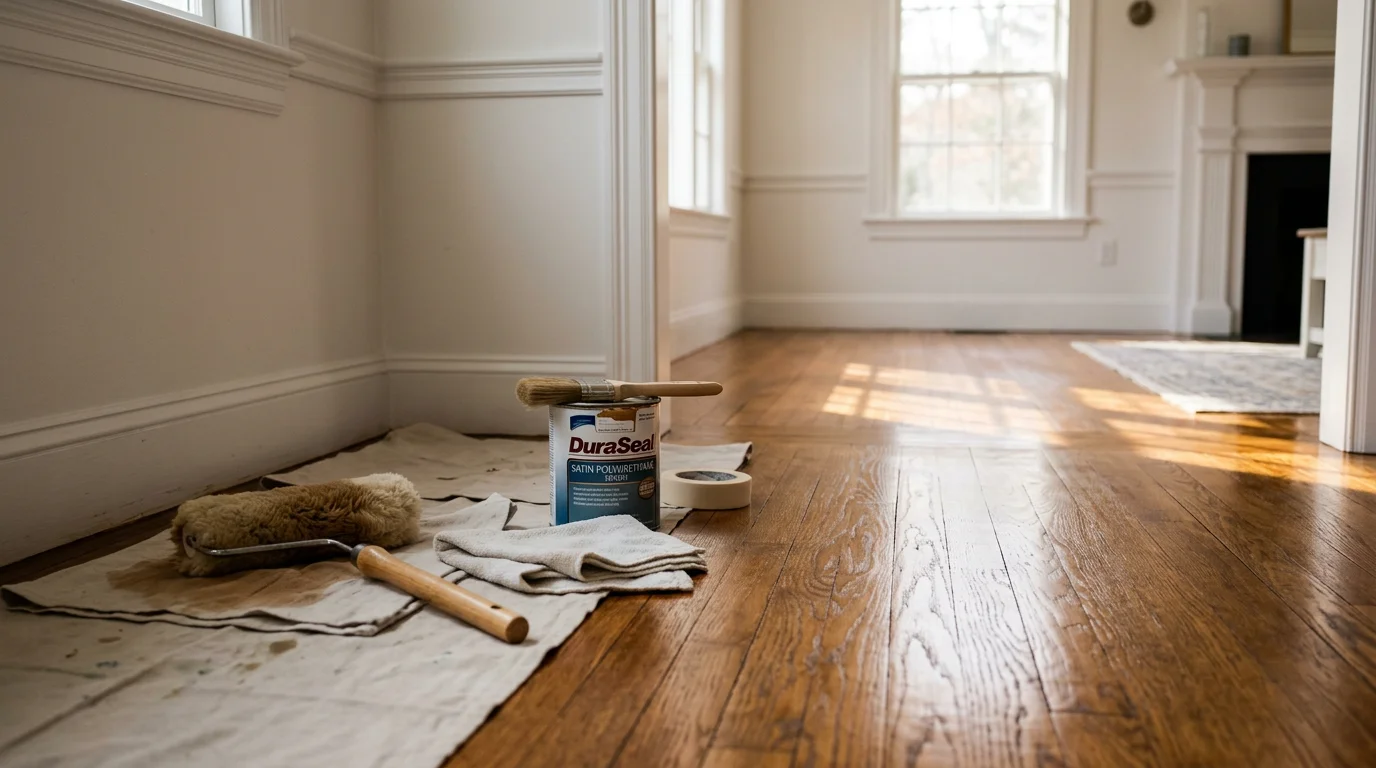 Freshly finished wood floor in a Plymouth County home showing a smooth, even surface with a clean protective topcoat. A JD's Carpentry floor finishing project serving the South Shore and Cape Cod region of Massachusetts.