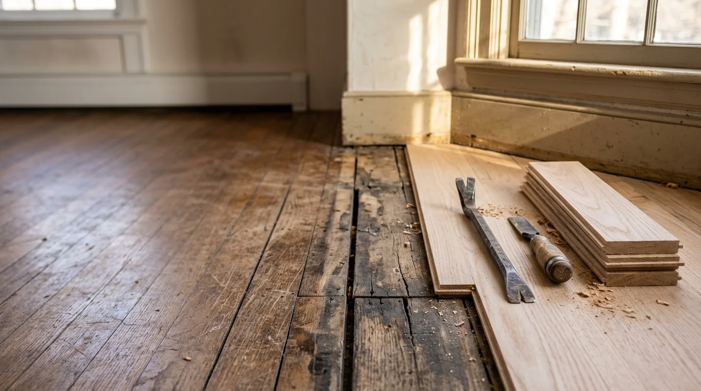 A repaired hardwood floor in a Plymouth County home showing tight, even planks with no visible gaps or warping. A carpenter's tools rest nearby after completing a section repair in a residential living room.