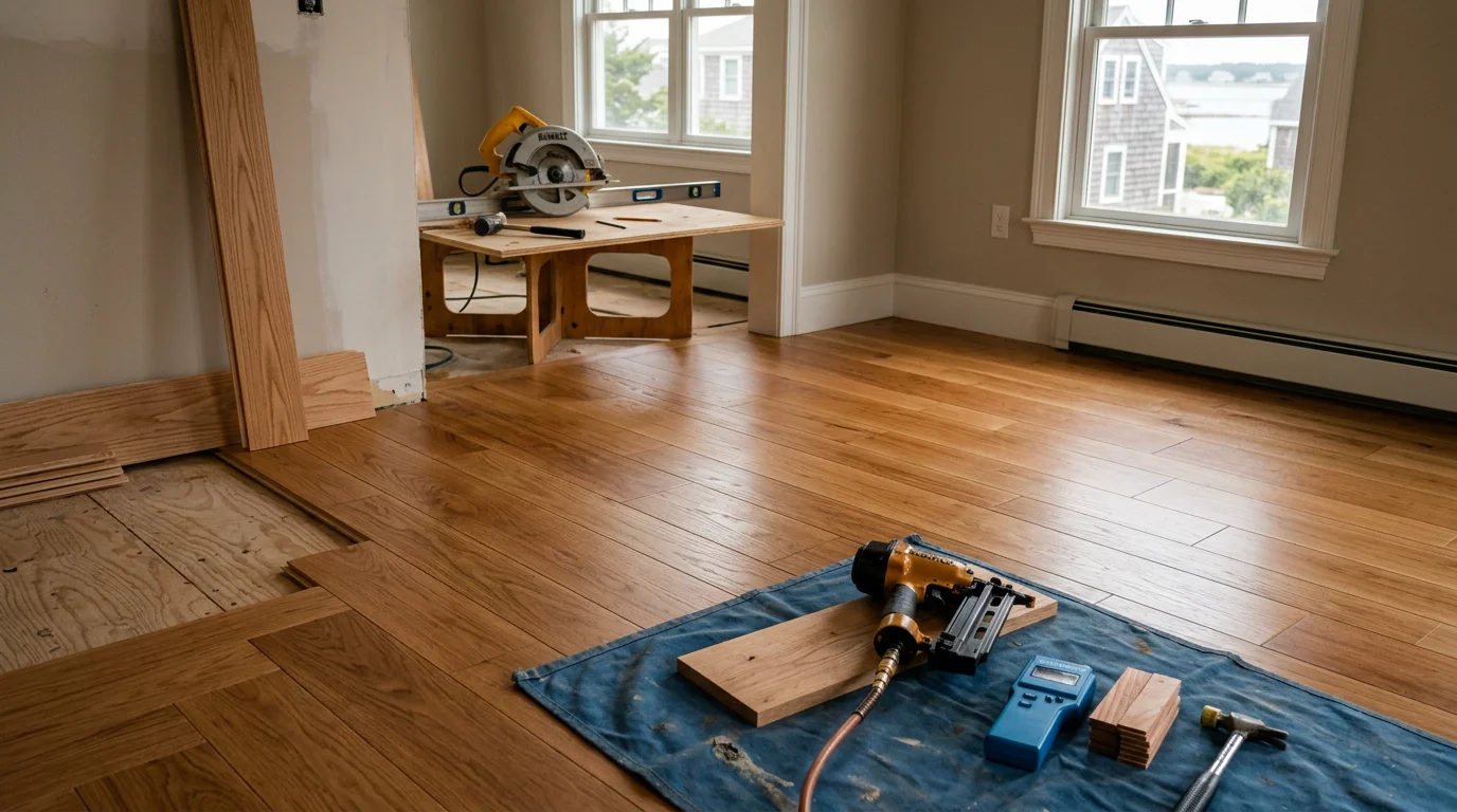 Freshly installed hardwood flooring in a Plymouth County home, showing clean plank rows running through a bright living room. Natural wood grain is visible with tight seams and a smooth, even surface throughout the space.