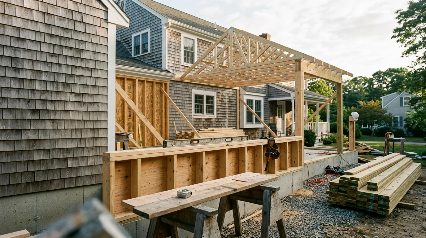 A newly framed home addition attached to a New England colonial-style house in Plymouth County, Massachusetts. The addition shows fresh exterior framing and siding that matches the existing home structure.