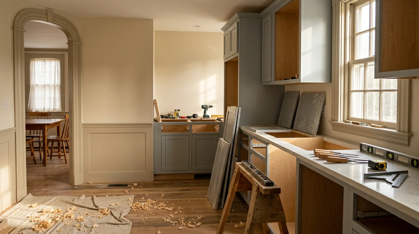 A finished kitchen remodel in a Plymouth County home showing custom cabinet installation and clean finish carpentry work. The space features an updated layout with well-fitted cabinetry and trim details typical of JDs Carpentry projects across southeastern Massachusetts.