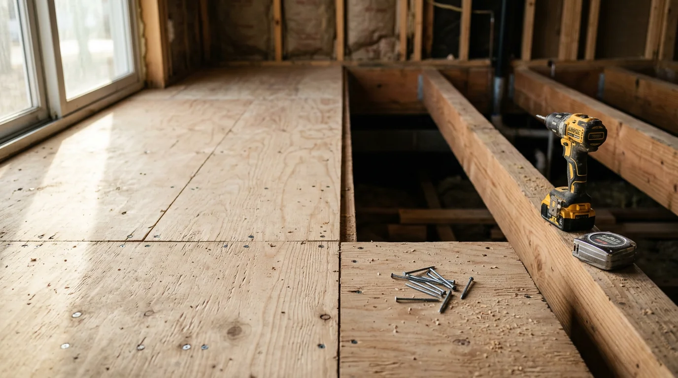 A carpenter installing new plywood subfloor panels over floor joists in a Plymouth County home during a flooring renovation. The subfloor surface is flat and evenly fastened, ready for finished flooring installation.
