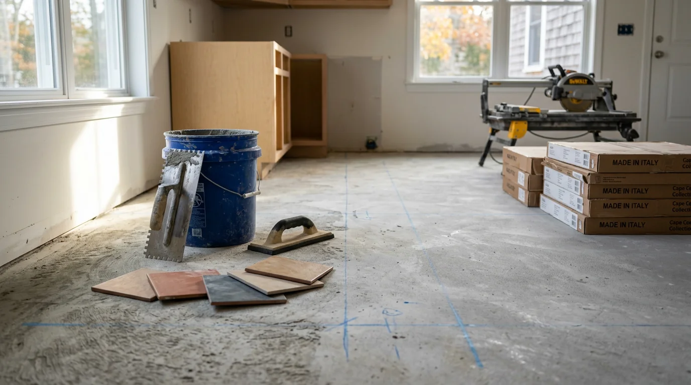 Freshly installed tile flooring in a kitchen of a Plymouth County home, showing clean grout lines and a smooth, level surface. The tile work extends from the entryway into the main kitchen area, reflecting natural light.
