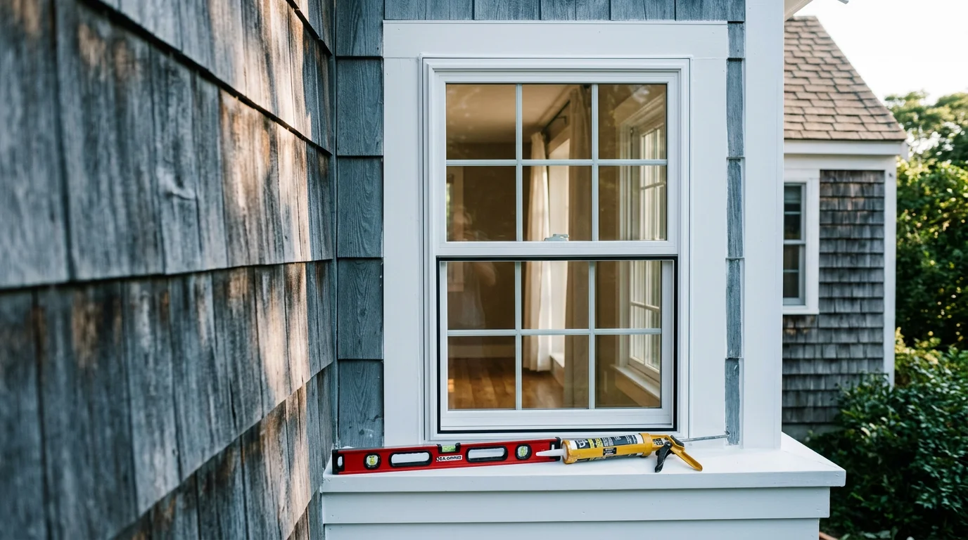 A newly installed window on a residential home in Plymouth County, Massachusetts, with clean exterior trim and tight framing. The window sits flush and level against a wood-sided exterior typical of homes across the South Shore and Cape Cod region.