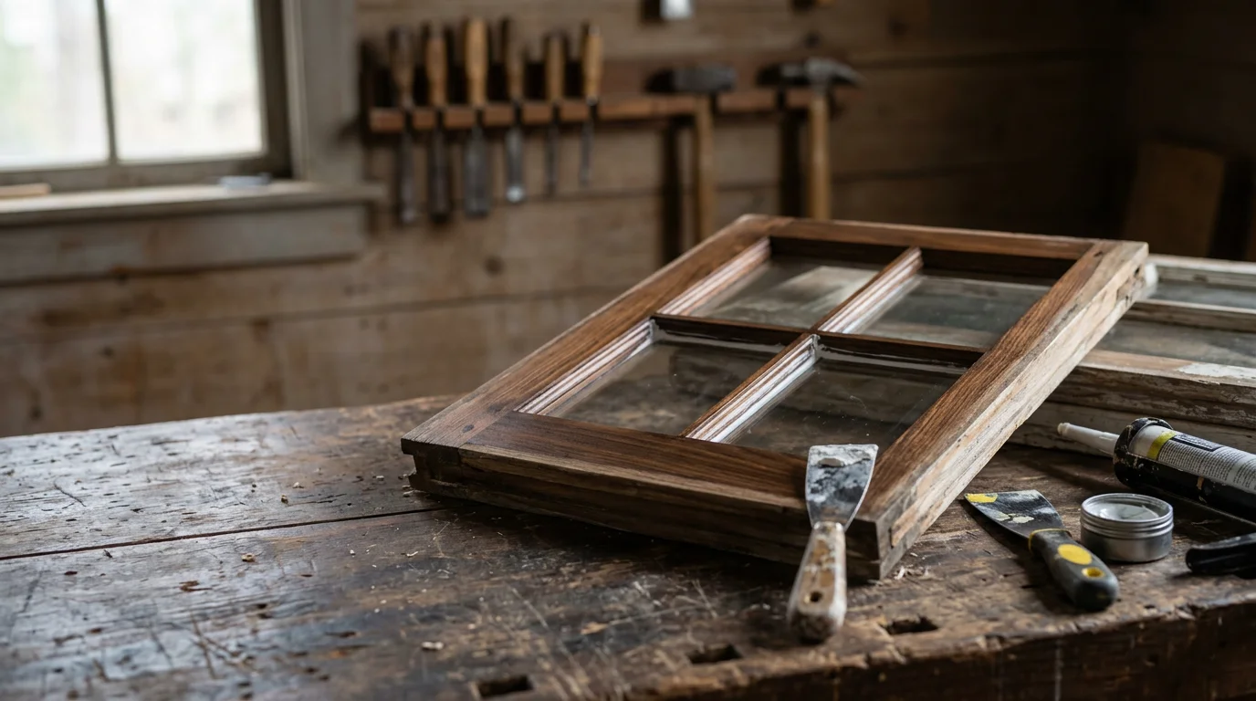A carpenter repairing a weathered wooden window frame on a residential home in Plymouth County, Massachusetts. The repaired sash sits flush in the frame with fresh wood visible where damaged material was removed.