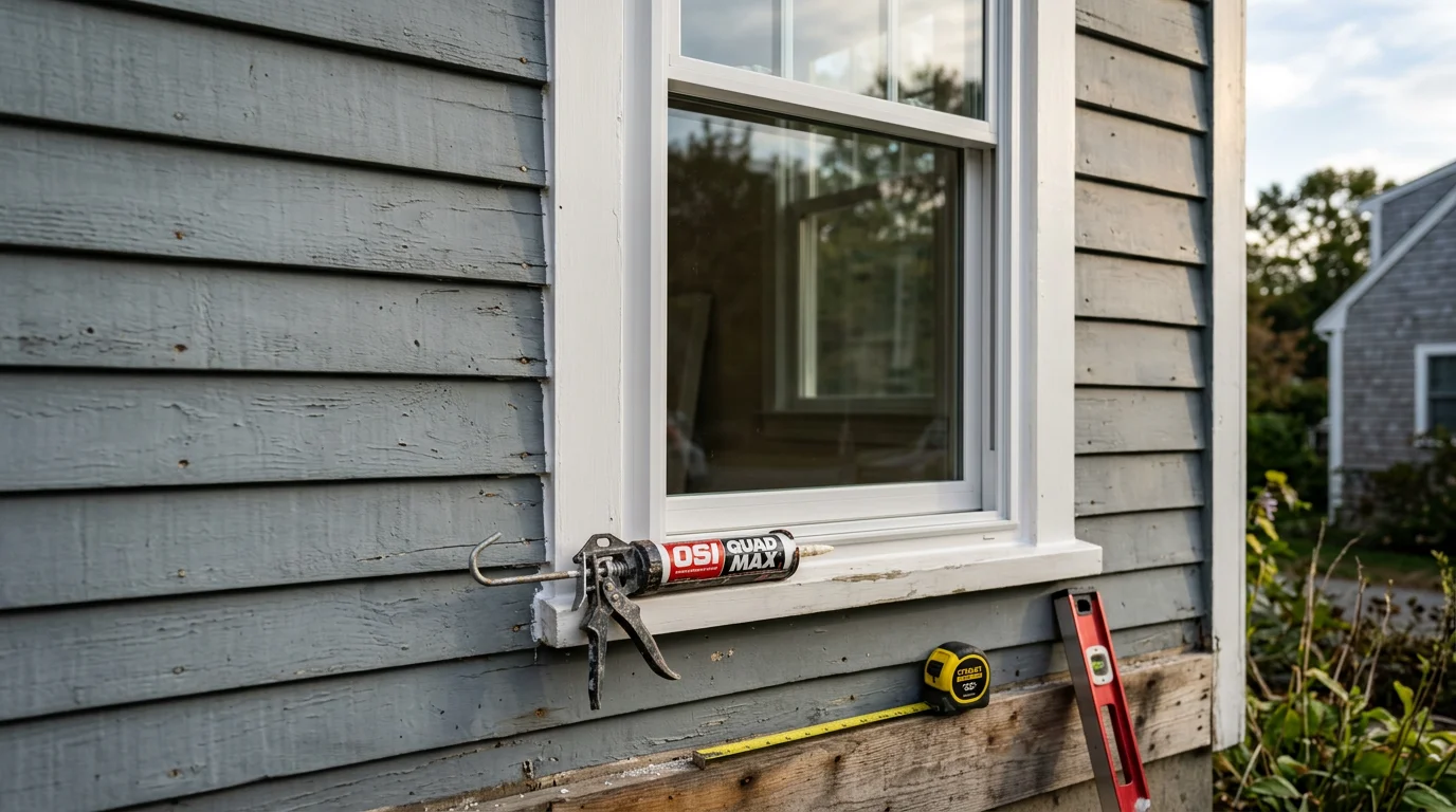 A freshly installed replacement window on a residential home in Plymouth County, Massachusetts, with clean framing and tight weathersealing visible from the exterior. The surrounding siding shows no damage, reflecting a complete and tidy window replacement finish.